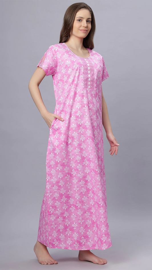 Sukanya Comfortable Women's Full Length Cotton Blend Half Sleeves Nighty, Green, Pink, Gajari & Blue, Soft and Elegant Print Sleepwear