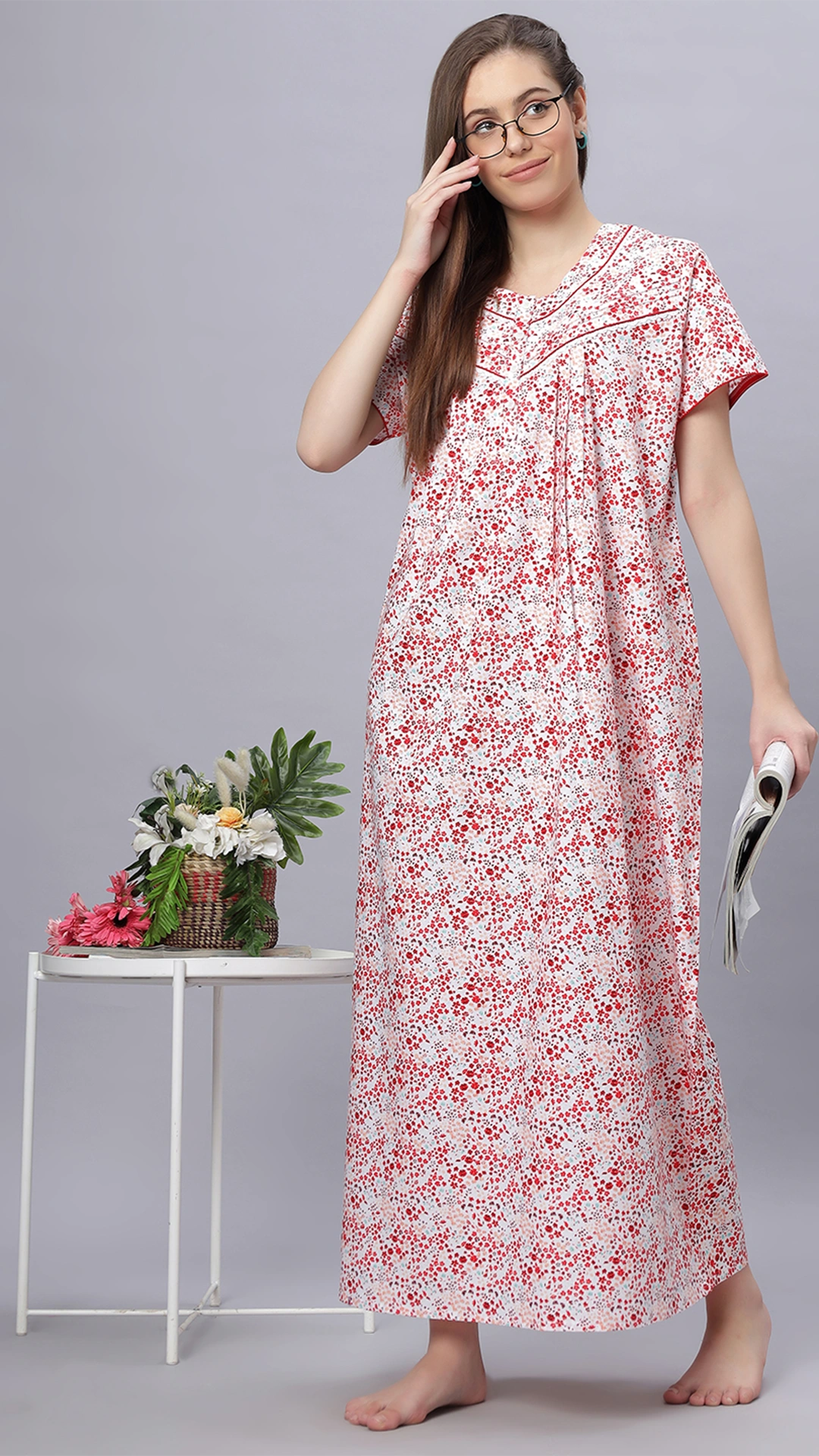 Sukanya Comfortable Women's Full Length Cotton Blend Half Sleeves Nighty, Rani & Red, Soft and Elegant Print Sleepwear