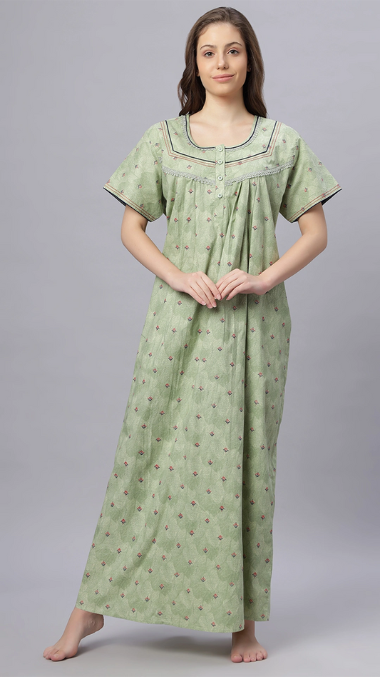 Sukanya Comfortable Women's Full Length Cotton Blend Half Sleeves Nighty, Green & Gajari Soft and Elegant Print Sleepwear