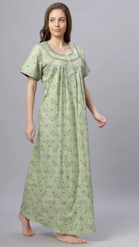 Sukanya Comfortable Women's Full Length Cotton Blend Half Sleeves Nighty, Green & Gajari Soft and Elegant Print Sleepwear