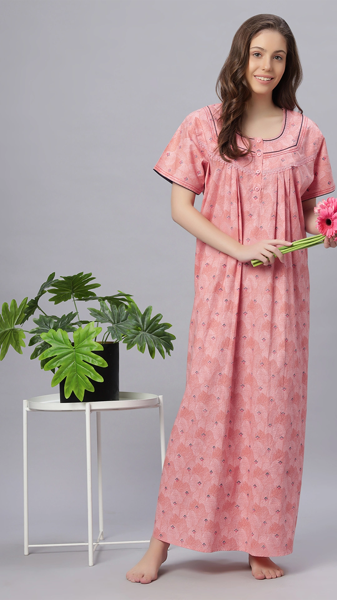 Sukanya Comfortable Women's Full Length Cotton Blend Half Sleeves Nighty, Green & Gajari Soft and Elegant Print Sleepwear