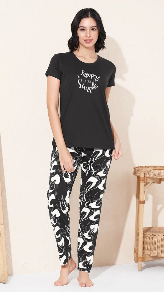 Black Printed Half Sleeves Round Neck