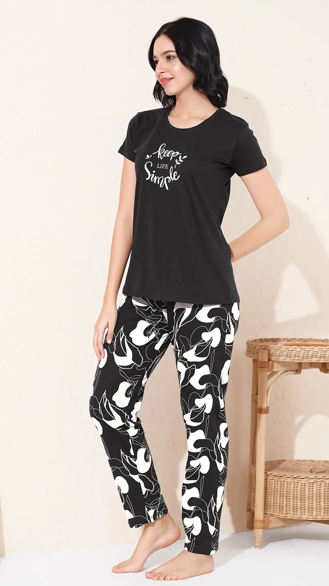 Black Printed Half Sleeves Round Neck