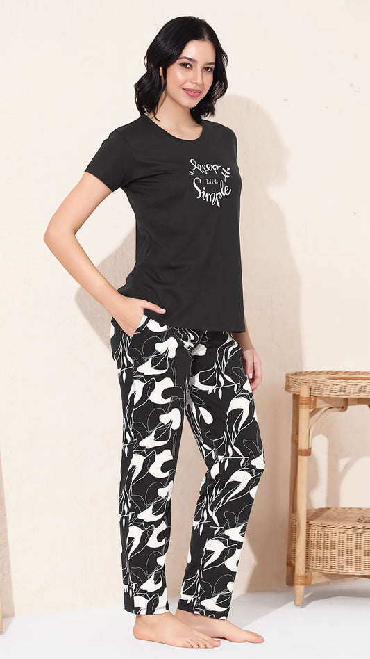 Black Printed Half Sleeves Round Neck