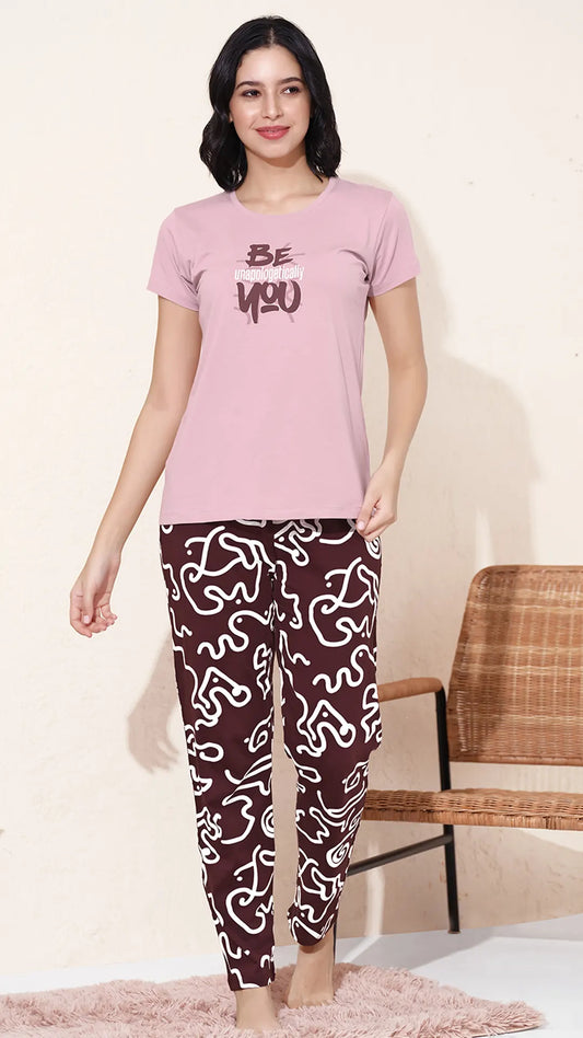 Lilac Pink Printed Half Sleeves Round Neck