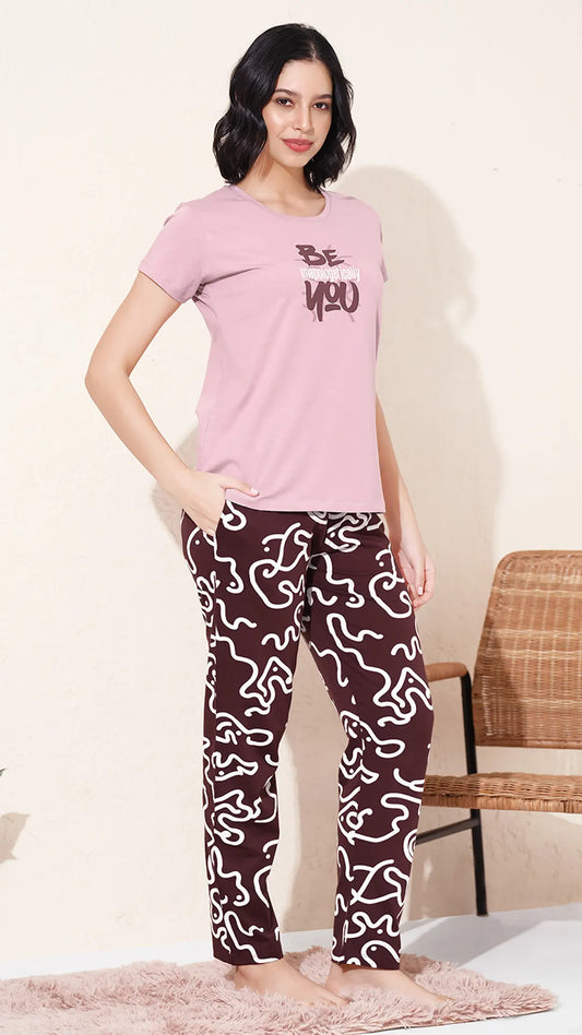 Lilac Pink Printed Half Sleeves Round Neck