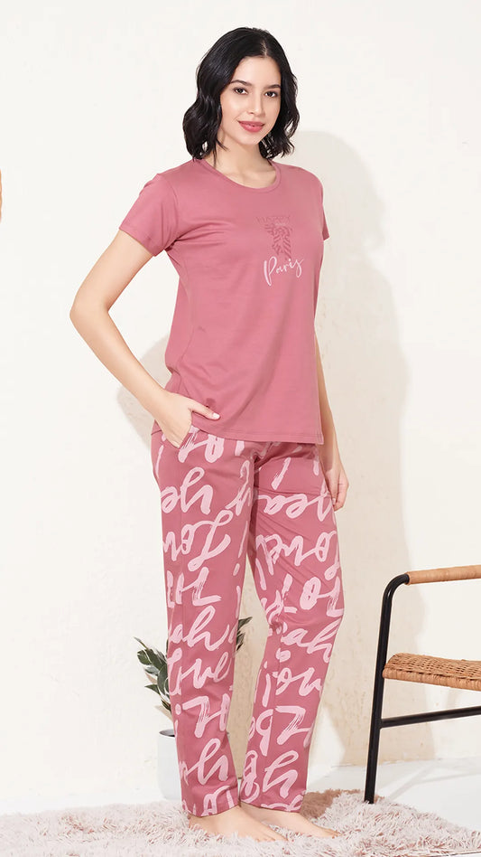 Pink Printed Half Sleeves Round Neck