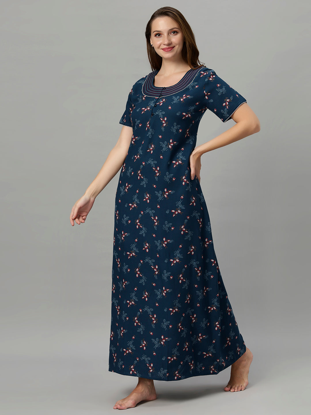 Sukanya Women's Leaf Print Lounge Wear Gown -VISCOSE POLYSTER, Regular Fit, Half Sleeves, Round Neck
