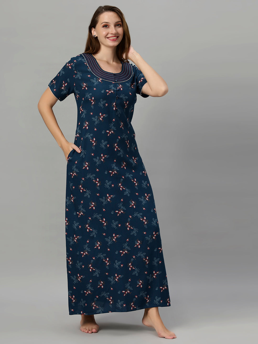 Sukanya Women's Leaf Print Lounge Wear Gown -VISCOSE POLYSTER, Regular Fit, Half Sleeves, Round Neck