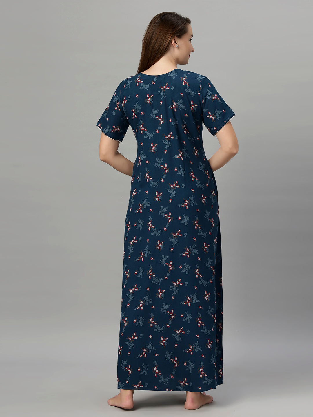 Sukanya Women's Leaf Print Lounge Wear Gown -VISCOSE POLYSTER, Regular Fit, Half Sleeves, Round Neck