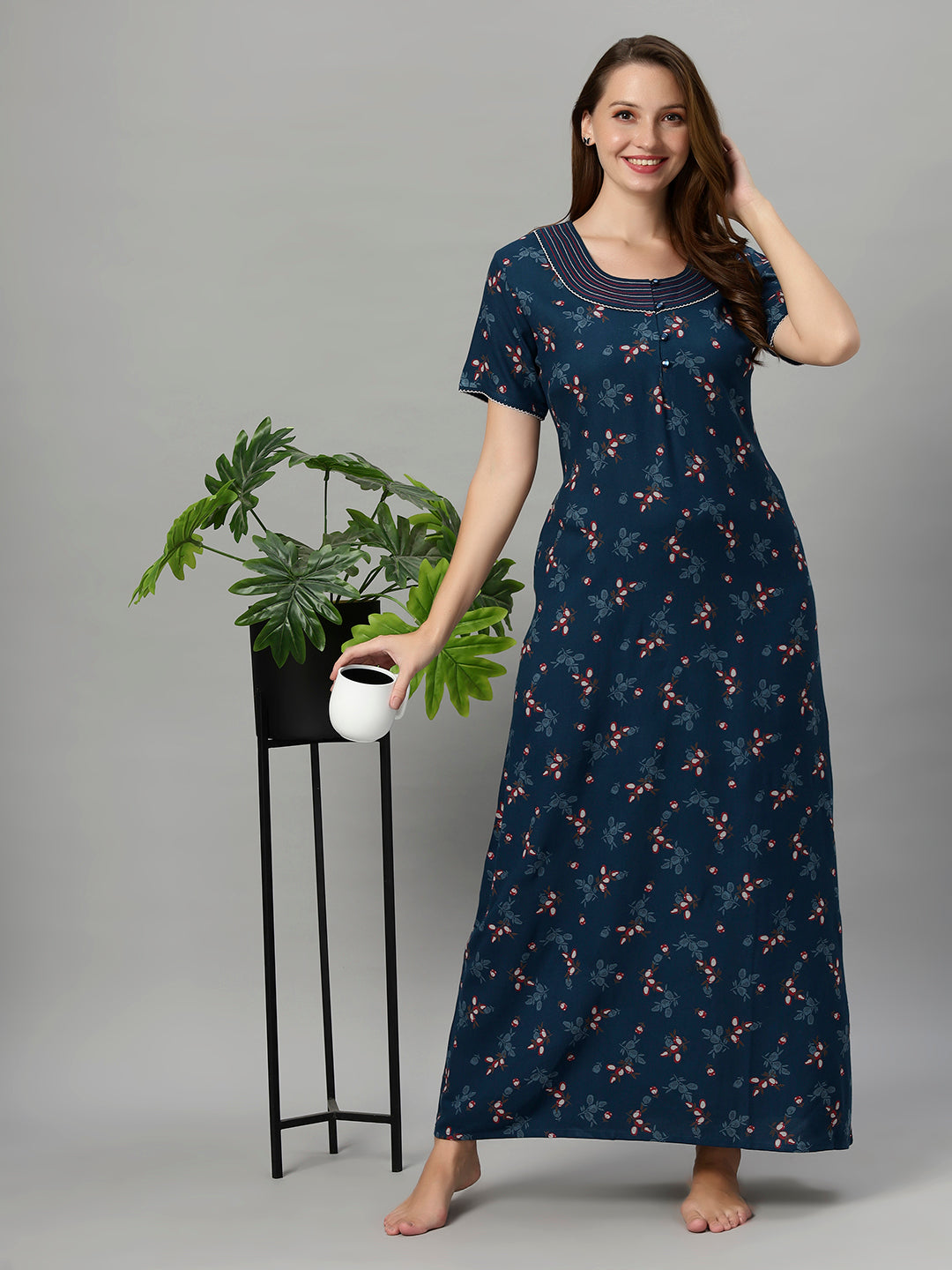 Sukanya Women's Leaf Print Lounge Wear Gown -VISCOSE POLYSTER, Regular Fit, Half Sleeves, Round Neck