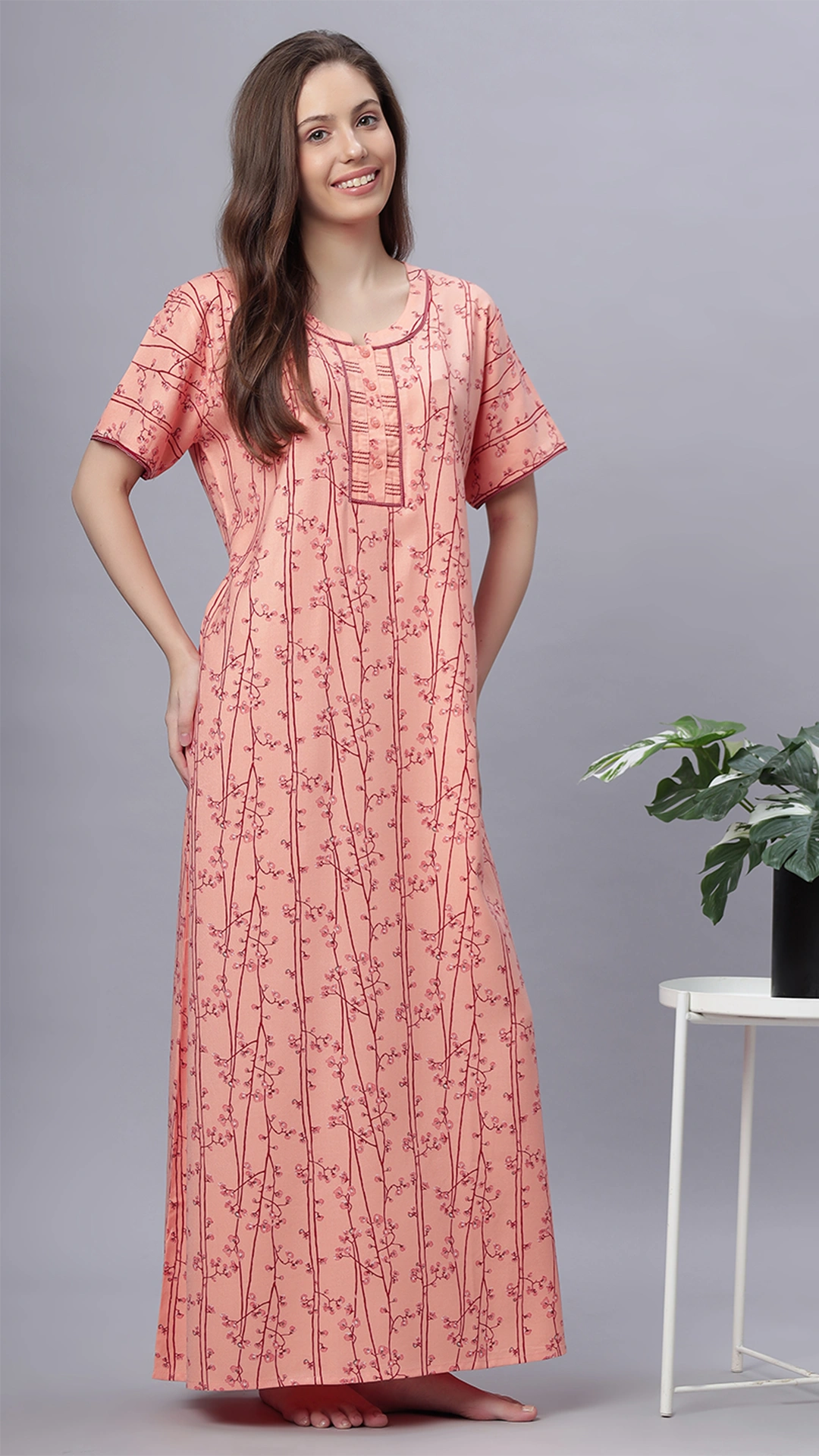 Sukanya Comfortable Women's Full Length Cotton Blend Half Sleeves Nighty, Gold, Mehendi & Orange, Soft and Elegant Print Sleepwear