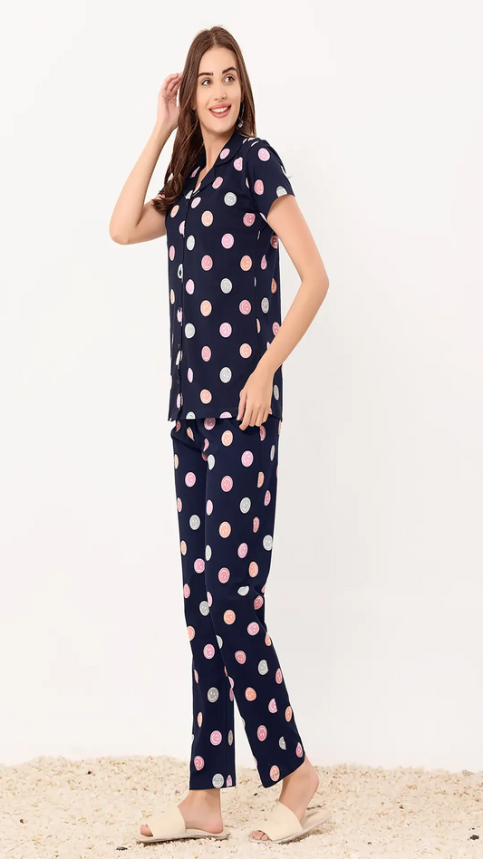 Navy Printed Half Sleeves Round Neck