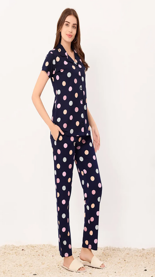 Navy Printed Half Sleeves Round Neck