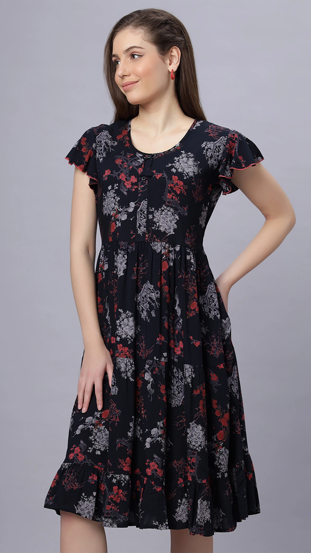 Sukanya Comfortable Women's Full Length Cotton Blend Half Sleeves Nighty, Black, Soft and Elegant Print Sleepwear