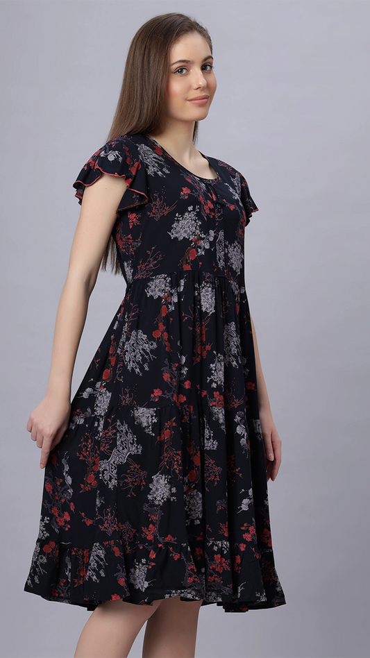 Sukanya Comfortable Women's Full Length Cotton Blend Half Sleeves Nighty, Black, Soft and Elegant Print Sleepwear