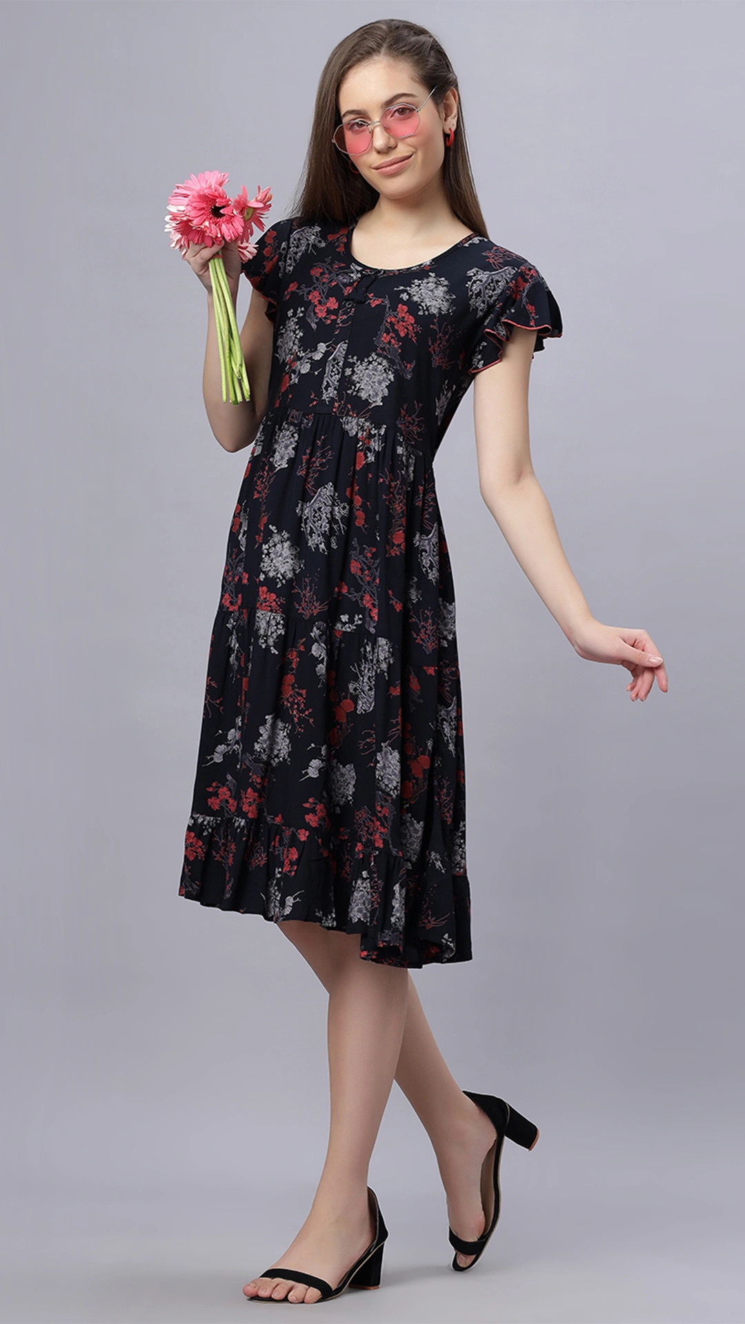 Sukanya Comfortable Women's Full Length Cotton Blend Half Sleeves Nighty, Navy Blue, Soft and Elegant Print Sleepwear