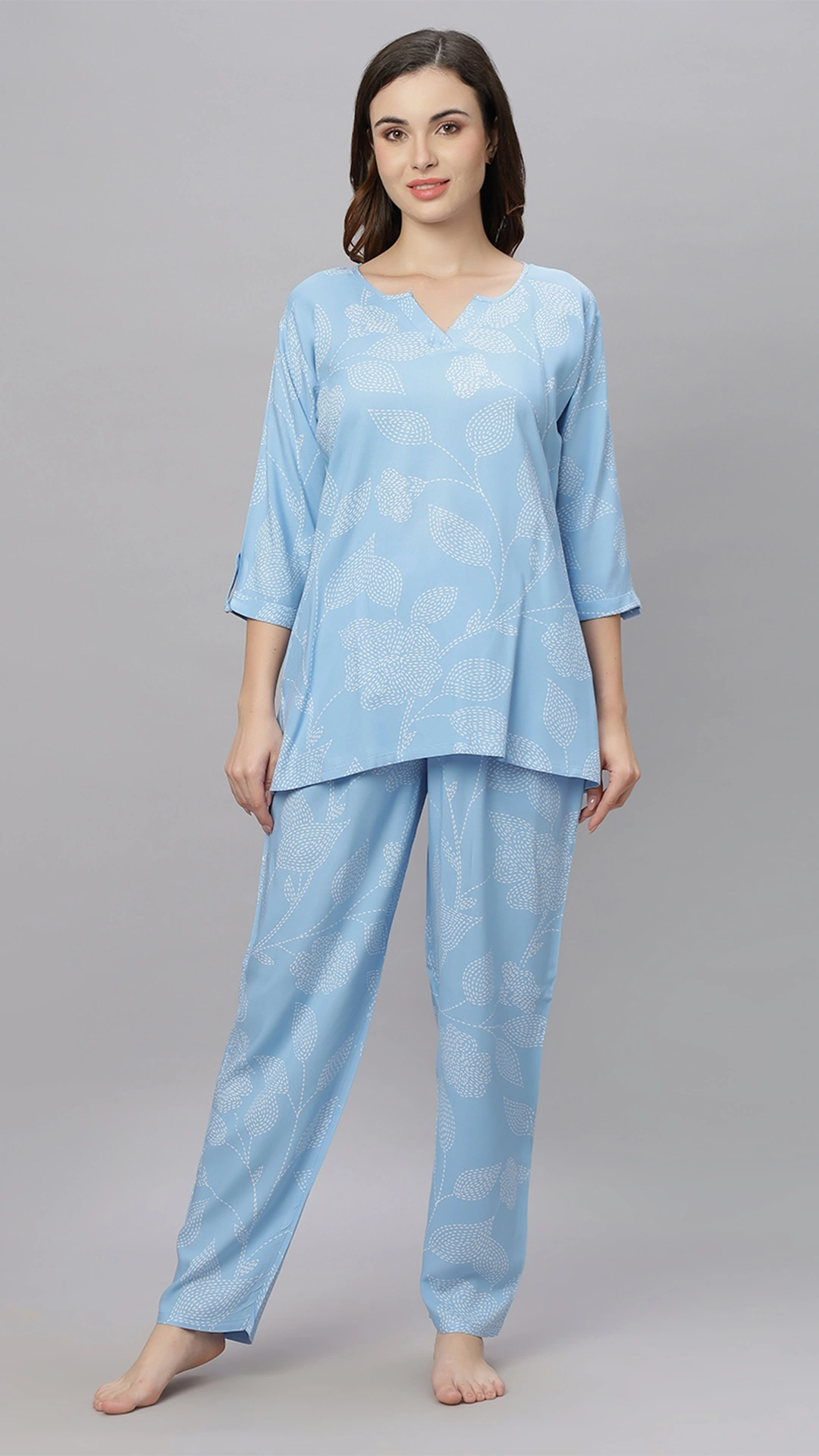Sukanya Comfortable Women's Cotton Blend Half Sleeves Night Suit, White, navy Blue & Sky Blue, Soft and Elegant Print Sleepwear