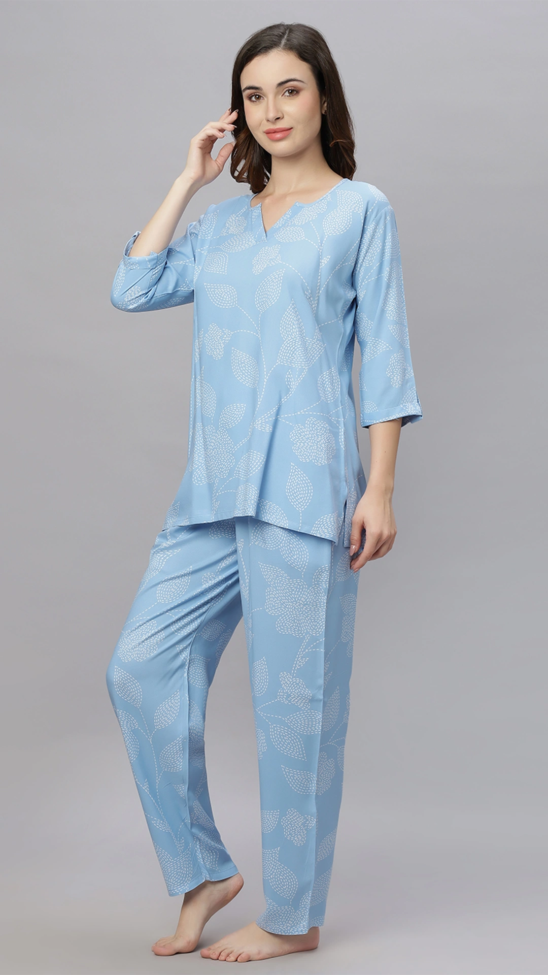 Sukanya Comfortable Women's Cotton Blend Half Sleeves Night Suit, White, navy Blue & Sky Blue, Soft and Elegant Print Sleepwear