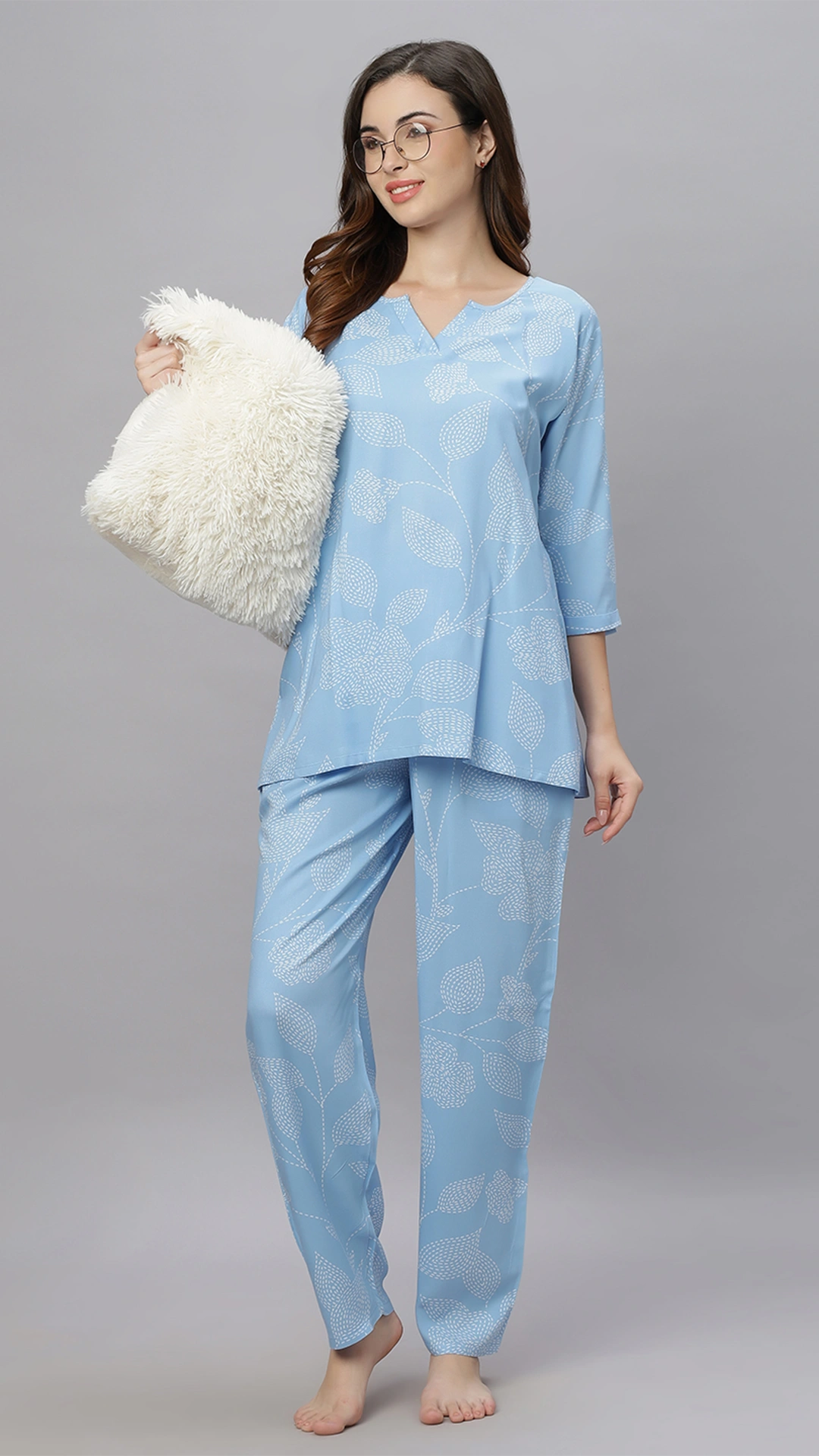 Sukanya Comfortable Women's Cotton Blend Half Sleeves Night Suit, White, navy Blue & Sky Blue, Soft and Elegant Print Sleepwear