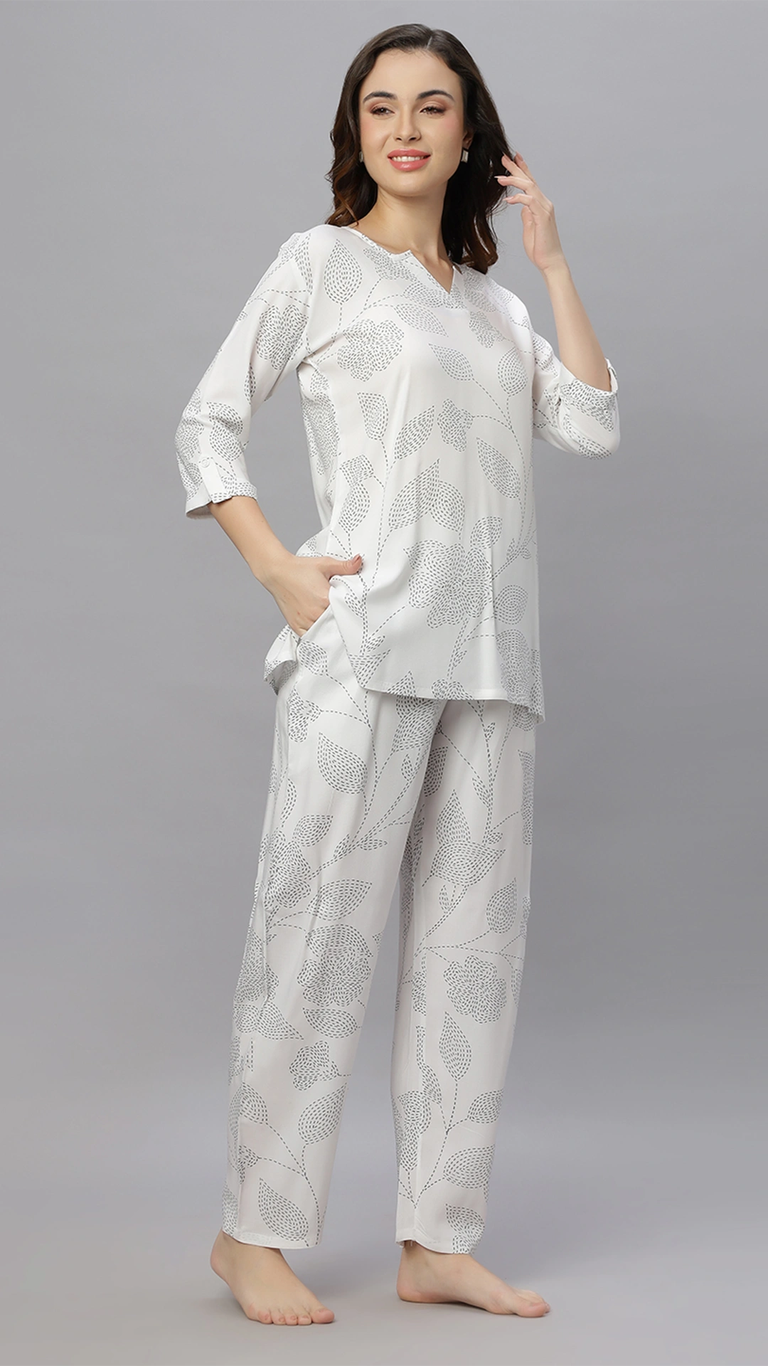 Sukanya Comfortable Women's Cotton Blend Half Sleeves Night Suit, White, navy Blue & Sky Blue, Soft and Elegant Print Sleepwear