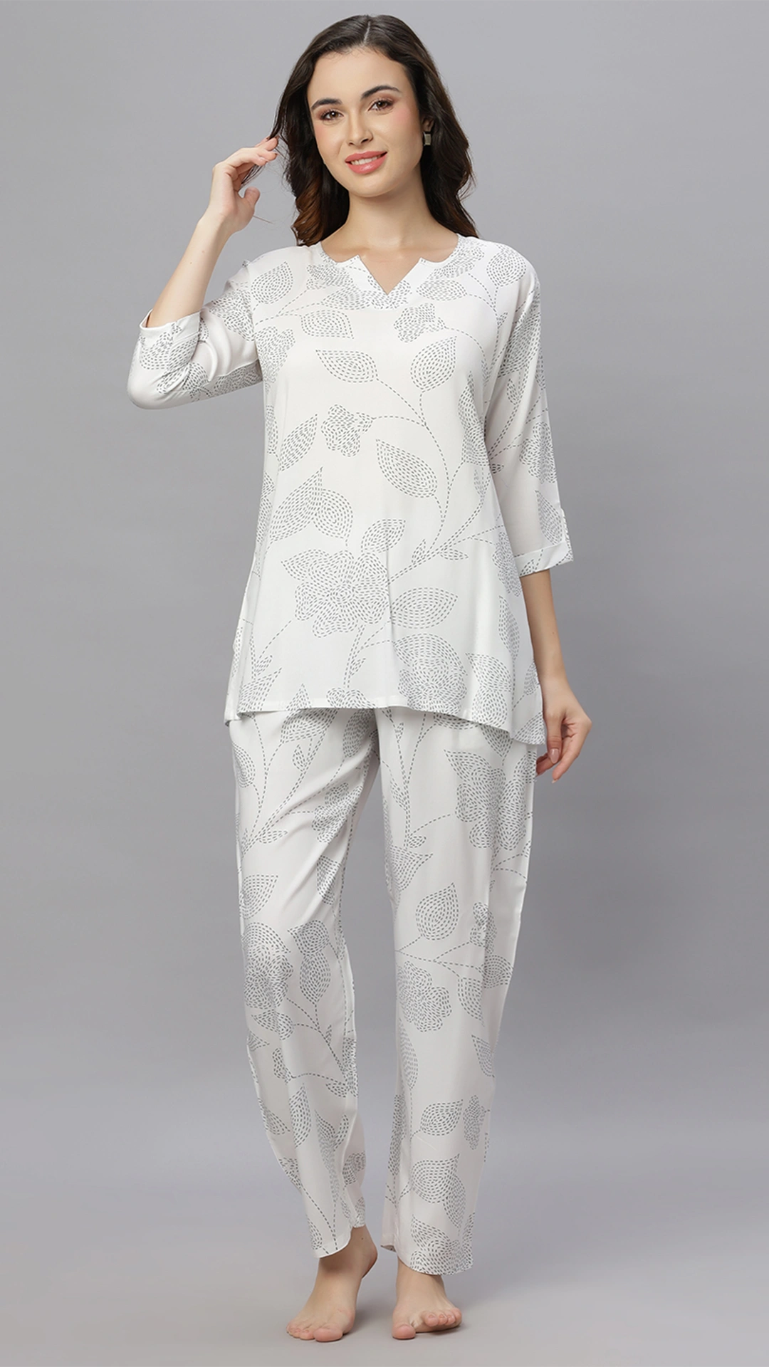 Sukanya Comfortable Women's Cotton Blend Half Sleeves Night Suit, White, navy Blue & Sky Blue, Soft and Elegant Print Sleepwear