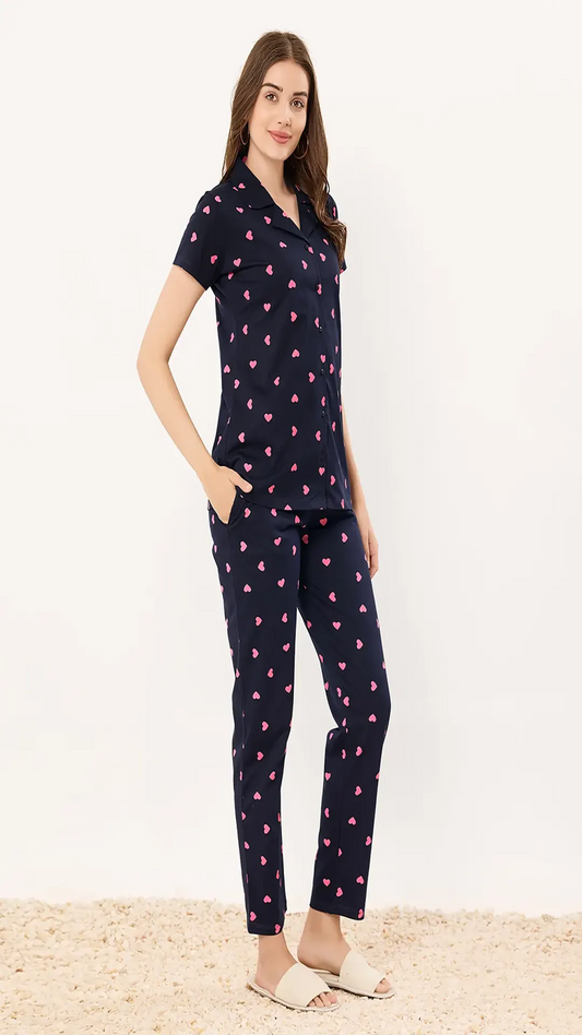 Navy Printed Half Sleeves Round Neck