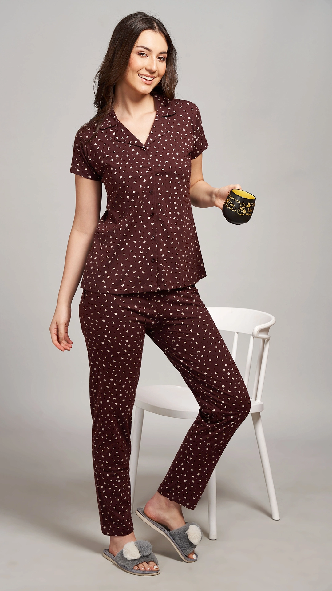 Coffee Printed Half Sleeves Round Neck