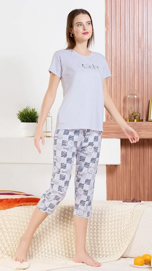 Grey Printed Half Sleeves Round Neck