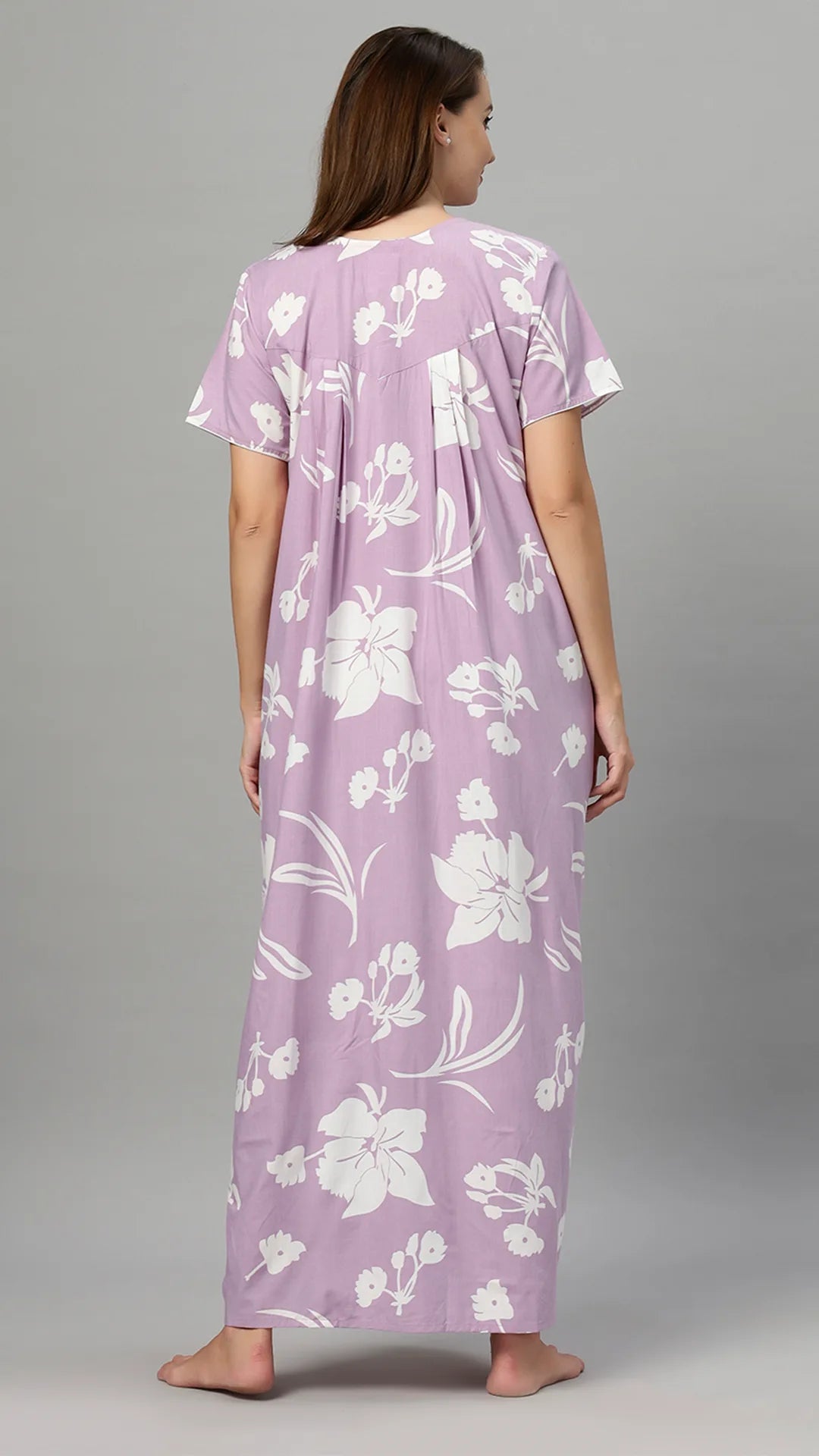 Sukanya Women's Floral Print Lounge Wear Gown -  Poly Cotton, Regular Fit, Half Sleeves, Round Neck, Light Purple, Light Green & Sky Blue