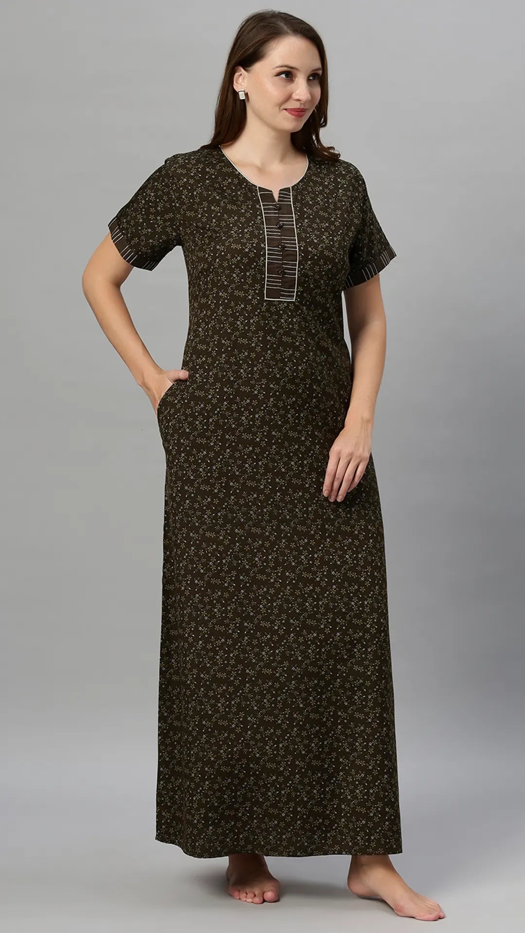 Suaknya Women's Floral Print Lounge Wear Gown  Polly Cotton, Regular Fit, Half Sleeves, V Neck