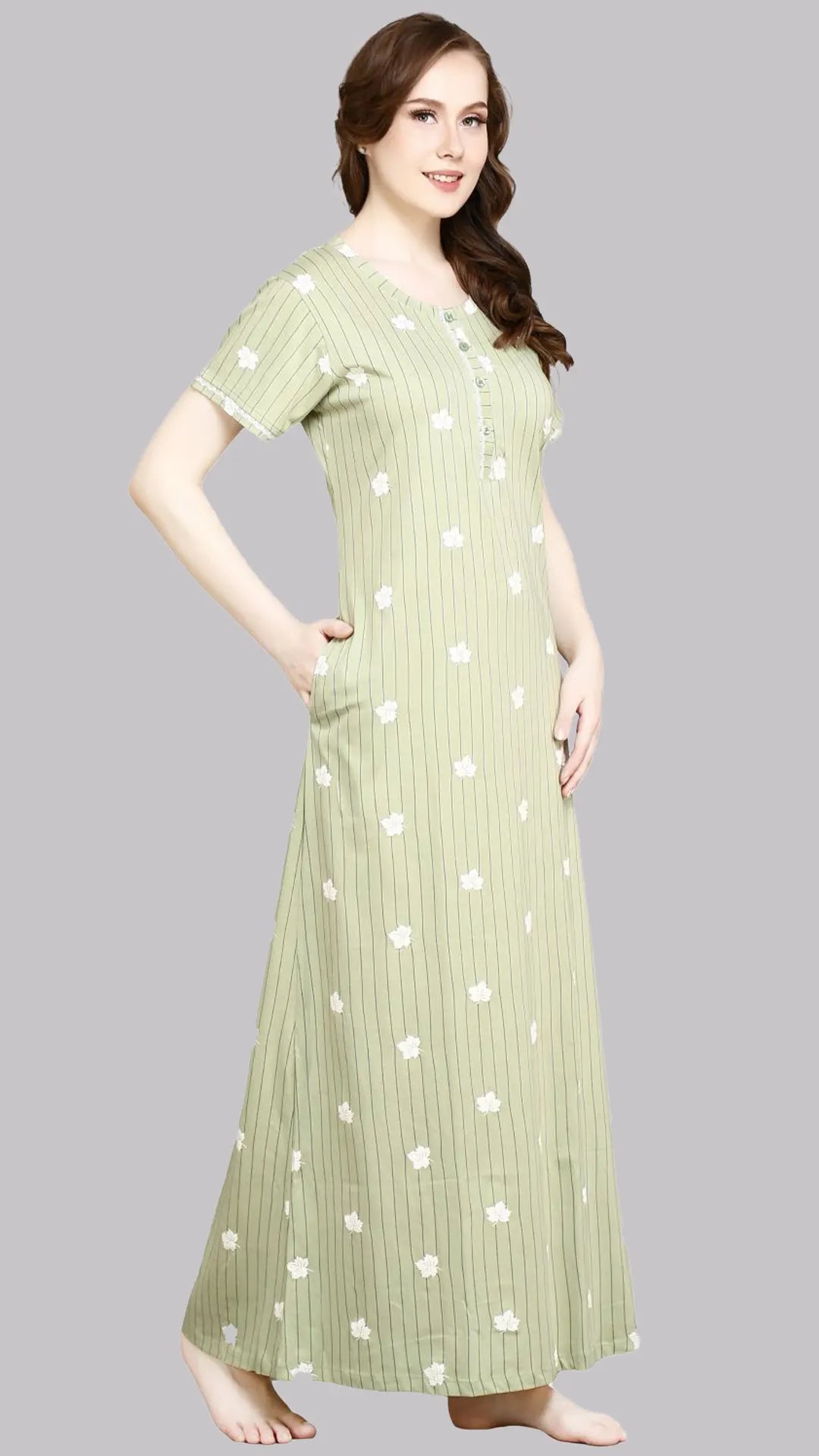 Sukanya  Women's Printed Sinker Nightsuit Set | Full Nighty Lounge Wear Nightdress Pyjama Set Sleepwear | Green  Printed Half Sleeves Round Neck