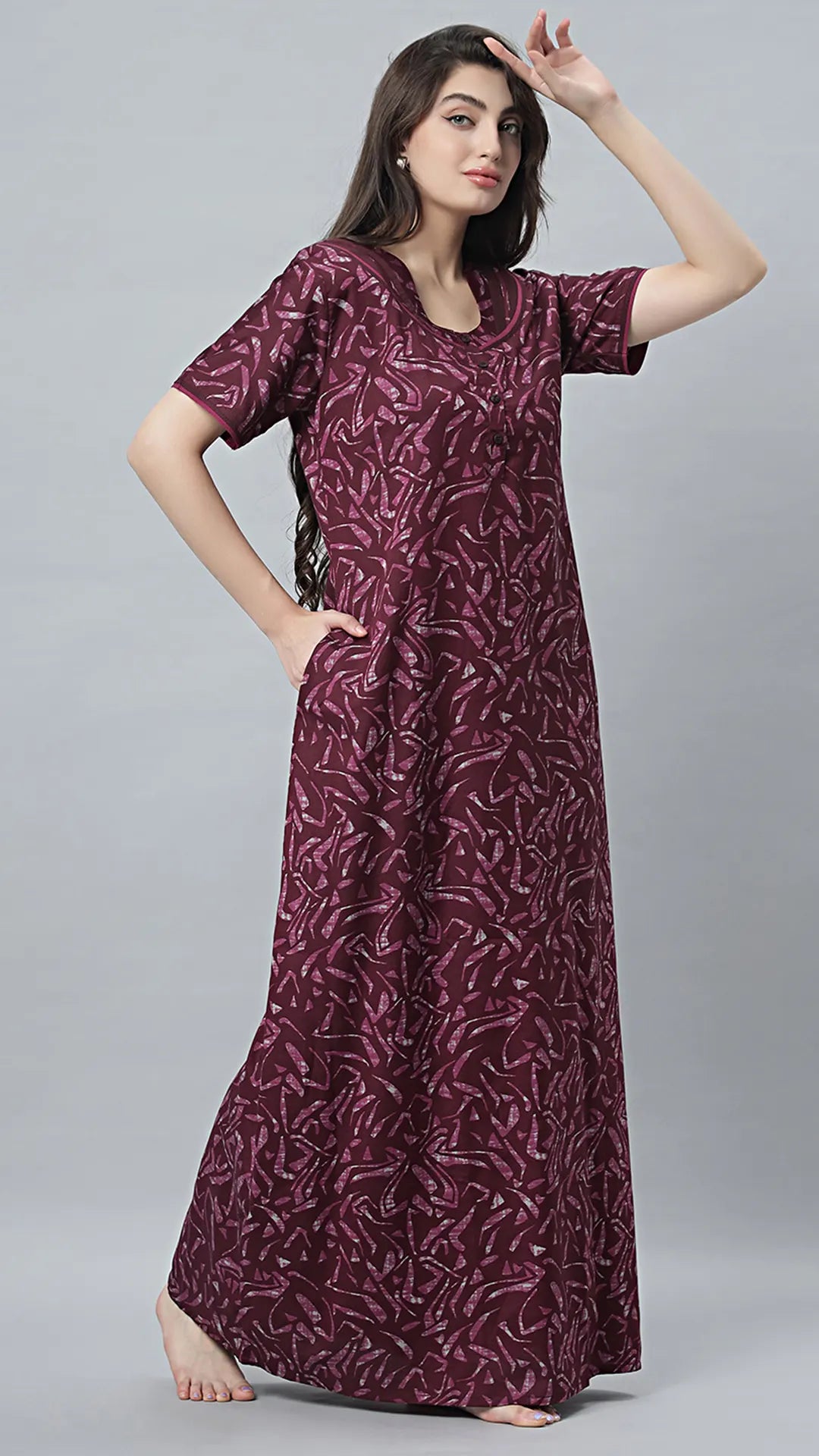 Sukanya Women's Black Cotton Blend Printed Nighty - Half Sleeves, Round Neck, Long