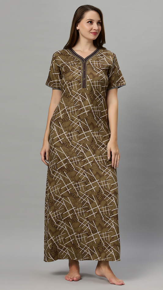 Sukanya Women's Printed Lounge Wear Gown -  Regular Fit, Ideal For: Women's, Occasion Type: Lounge Wear, Fabric Type: Viscose Polyster, Sleeve Type: Half Sleeves, Color: Mustard, Collar: V neck