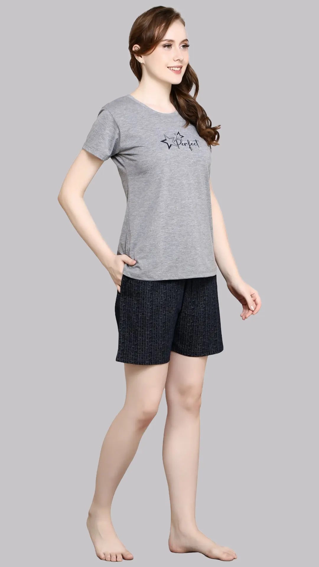 Sukanya  Women's Printed Sinker Bermuda Set | Regular Fit Loungewear | Ideal for Women | Lounge Wear Nightdress Bermuda Set Sleepwear | M. Grey Printed Half Sleeves Round Neck