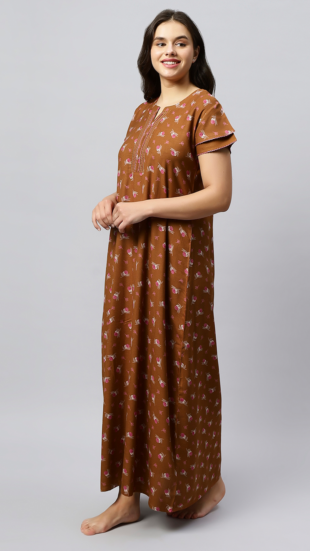 Sukanya Women's Floral Lounge Wear Gown - Regular Fit, Ideal for Women's, Lounge Wear,  Viscose Rayon, Floral, Half Sleeves, Round, Wine, Green & Mustard