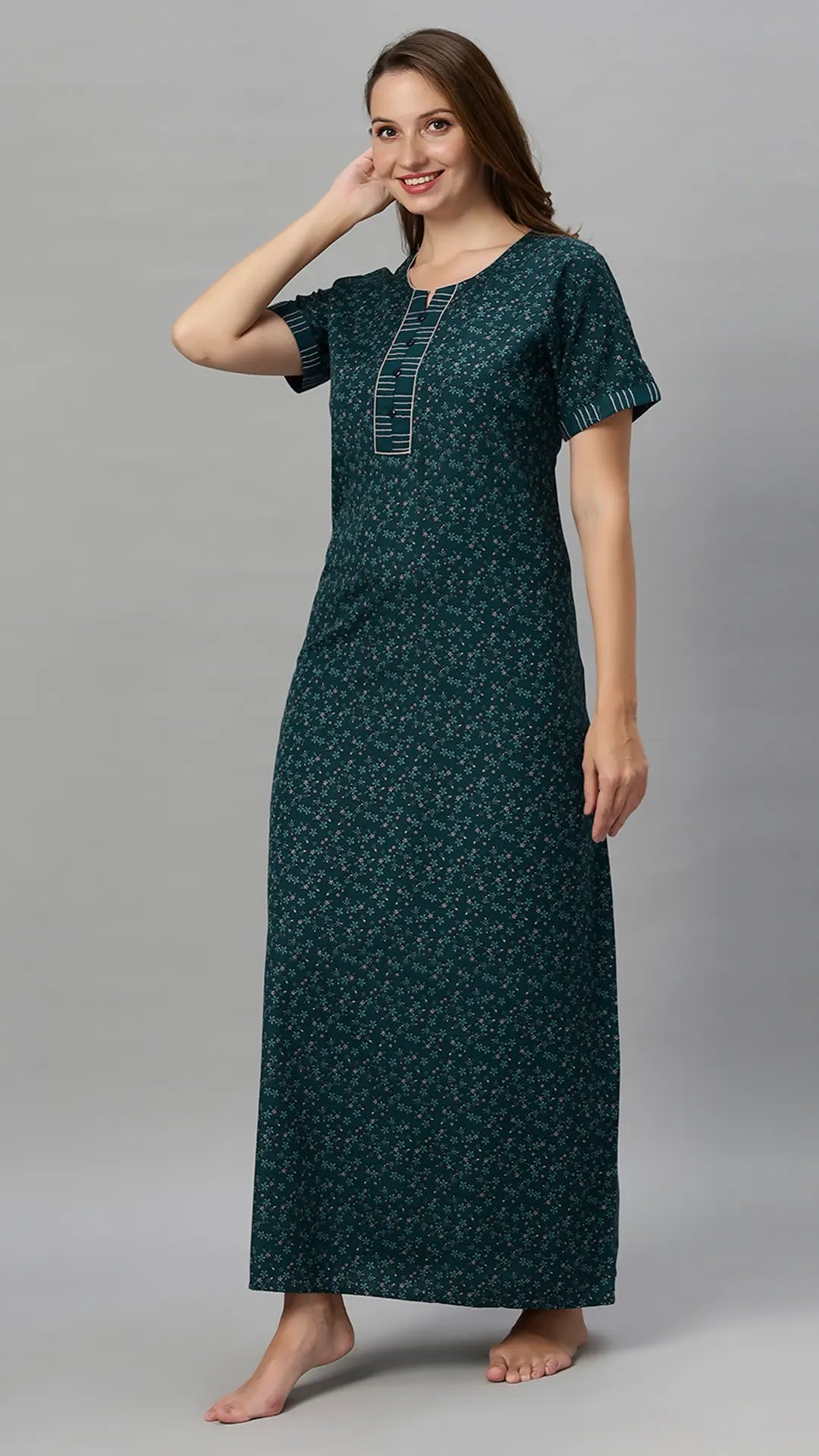 Suaknya Women's Floral Print Lounge Wear Gown  Polly Cotton, Regular Fit, Half Sleeves, V Neck