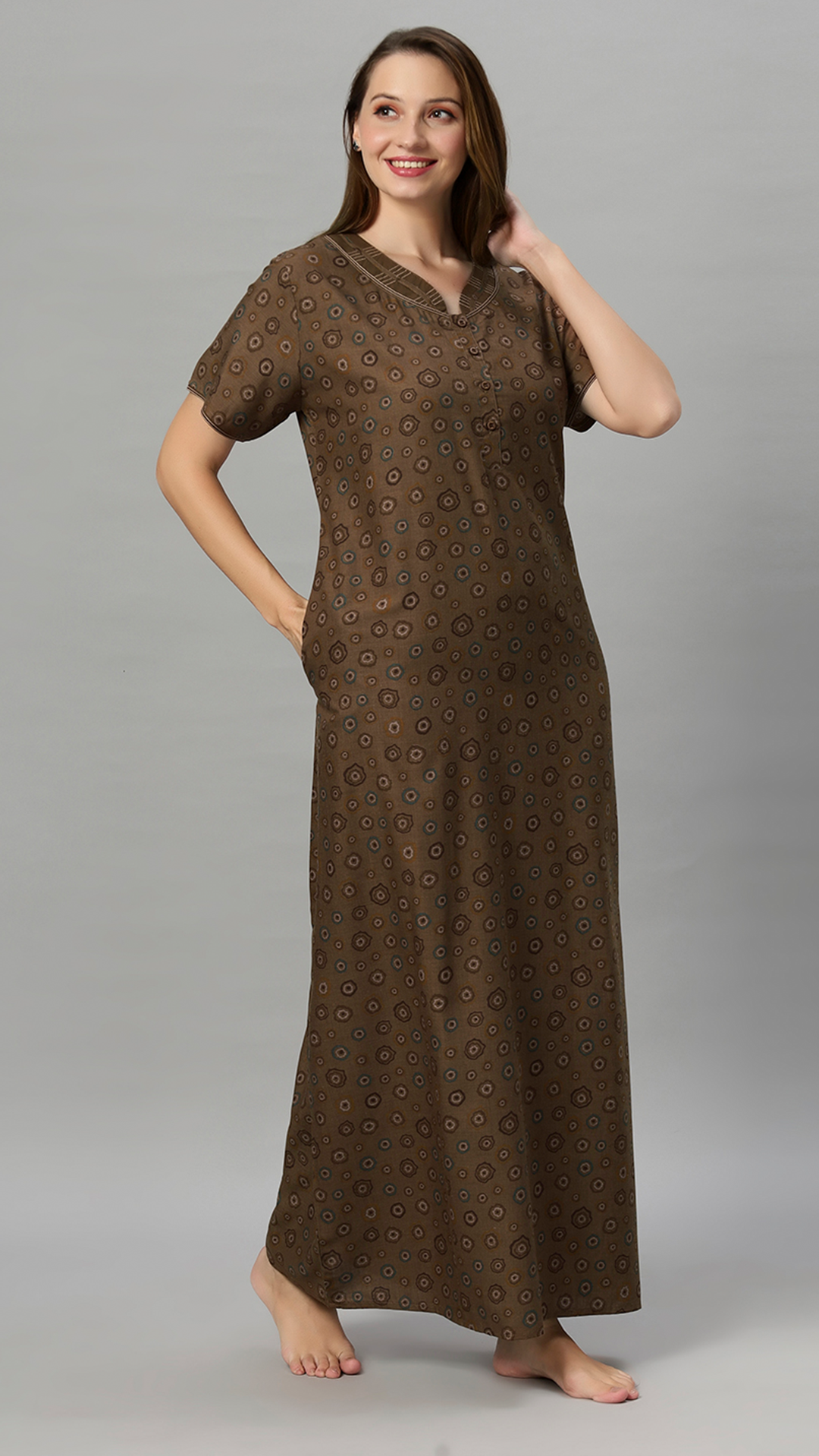 Sukanya Women's Floral Printed Blue, Wine & brown Polly Cotton Lounge Wear Gown - Regular Fit, V Neck, Half Sleeves