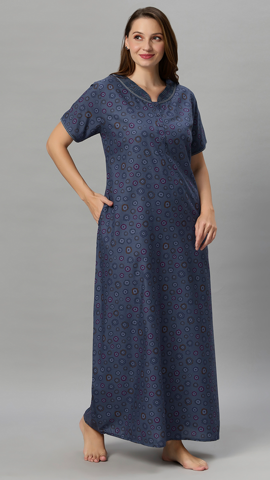 Sukanya Women's Floral Printed Blue, Wine & brown Polly Cotton Lounge Wear Gown - Regular Fit, V Neck, Half Sleeves