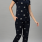 Sukanya Women's Navy Printed Half Sleeves Regular Fit Night Suit Set | Sinker Lounge Wear Pyjama Set Sleepwear Nightwear Loungewear