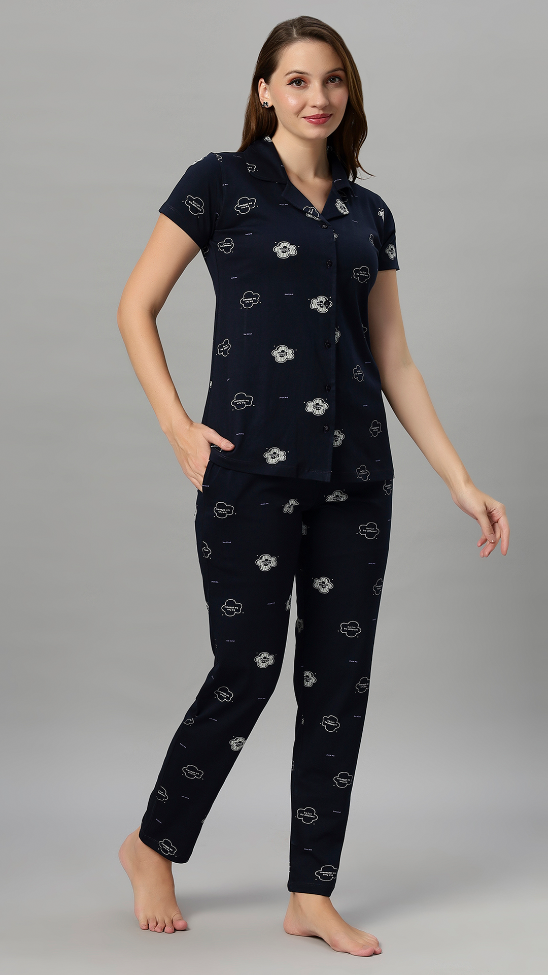 Sukanya Women's Navy Printed Half Sleeves Regular Fit Night Suit Set | Sinker Lounge Wear Pyjama Set Sleepwear Nightwear Loungewear