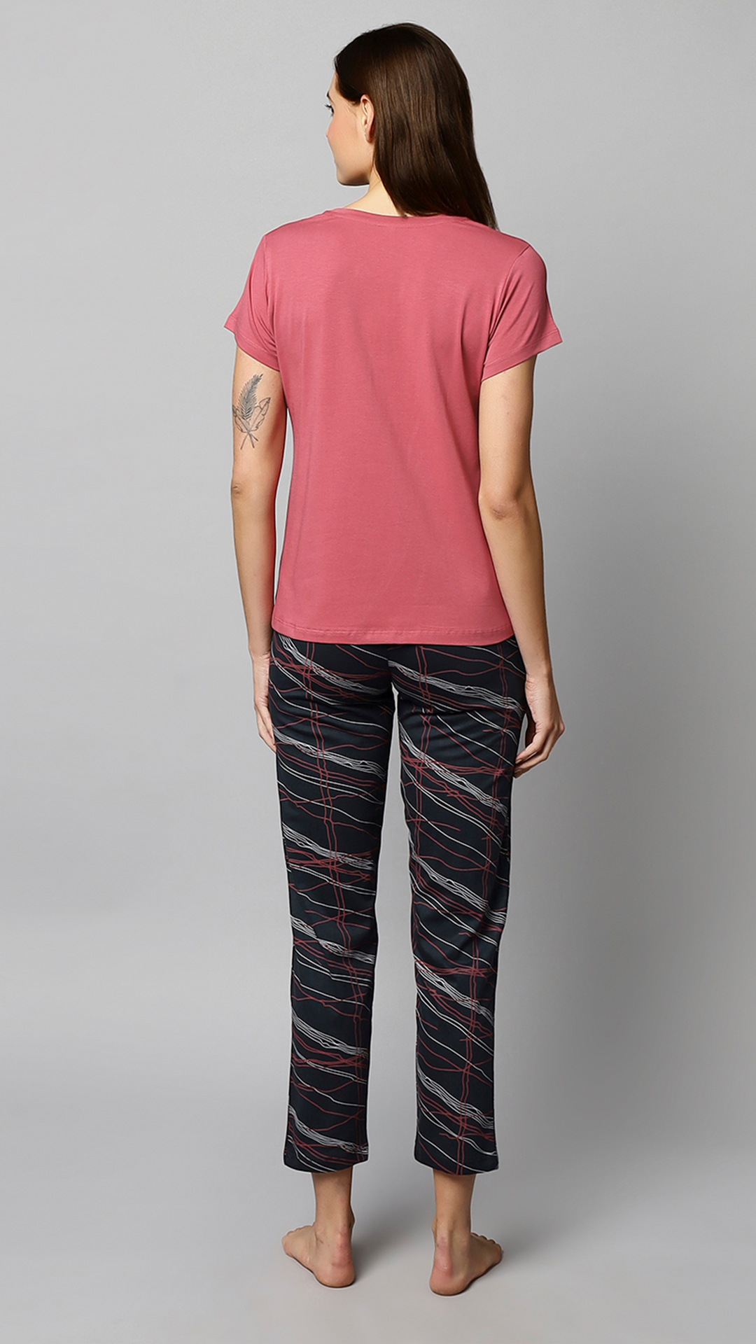 Sukanya Women's Lounge Wear Top & Pyjama Set - Dark Pink, Printed, Sinker Fabric, Regular Fit, Half Sleeve, Round Neck