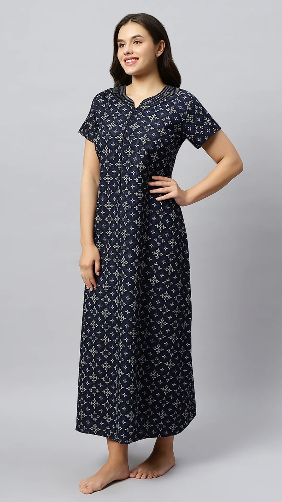 Sukanya Women's Geometrical Lounge Wear Gown - Coffee, Blue & Wine Poly Cotton, Regular Fit, Half Sleeves, Round Neck
