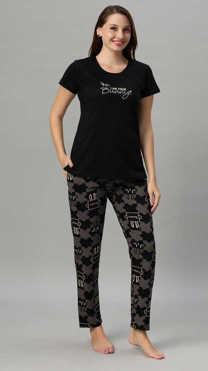 Sukanya Women's Printed Sinker Nightsuit Set | Regular Fit Loungewear | Ideal for Women | Lounge Wear Nightdress Pyjama Set Sleepwear | Black Printed Half Sleeves Collar Neck