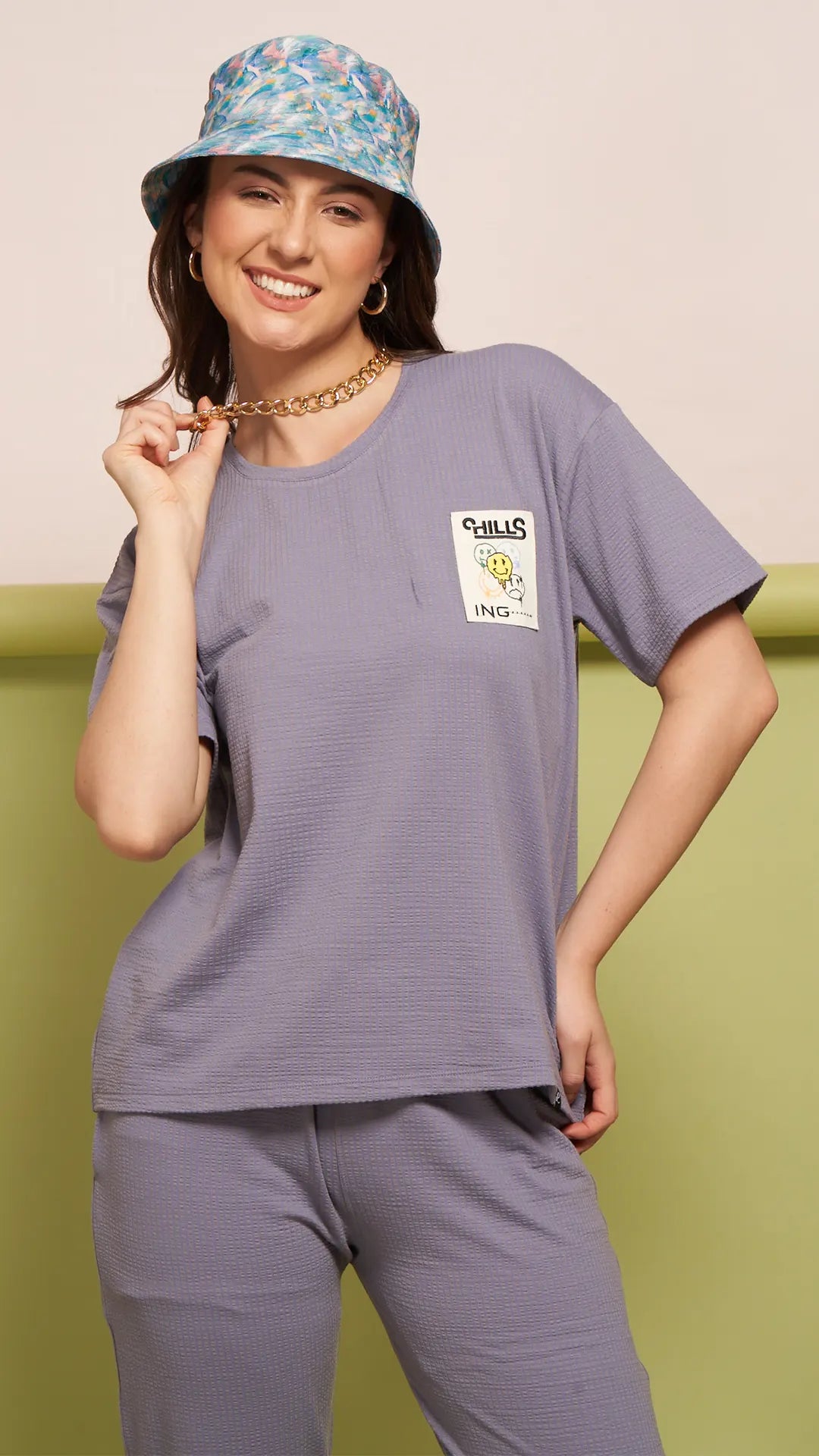 Lunica Women's Printed Sinker Nightsuit Set , Regular Fit Loungewear , Ideal for Women , Lounge Wear Nightdress Pyjama Set Sleepwear , Purple Printed Half Sleeves Round Neck