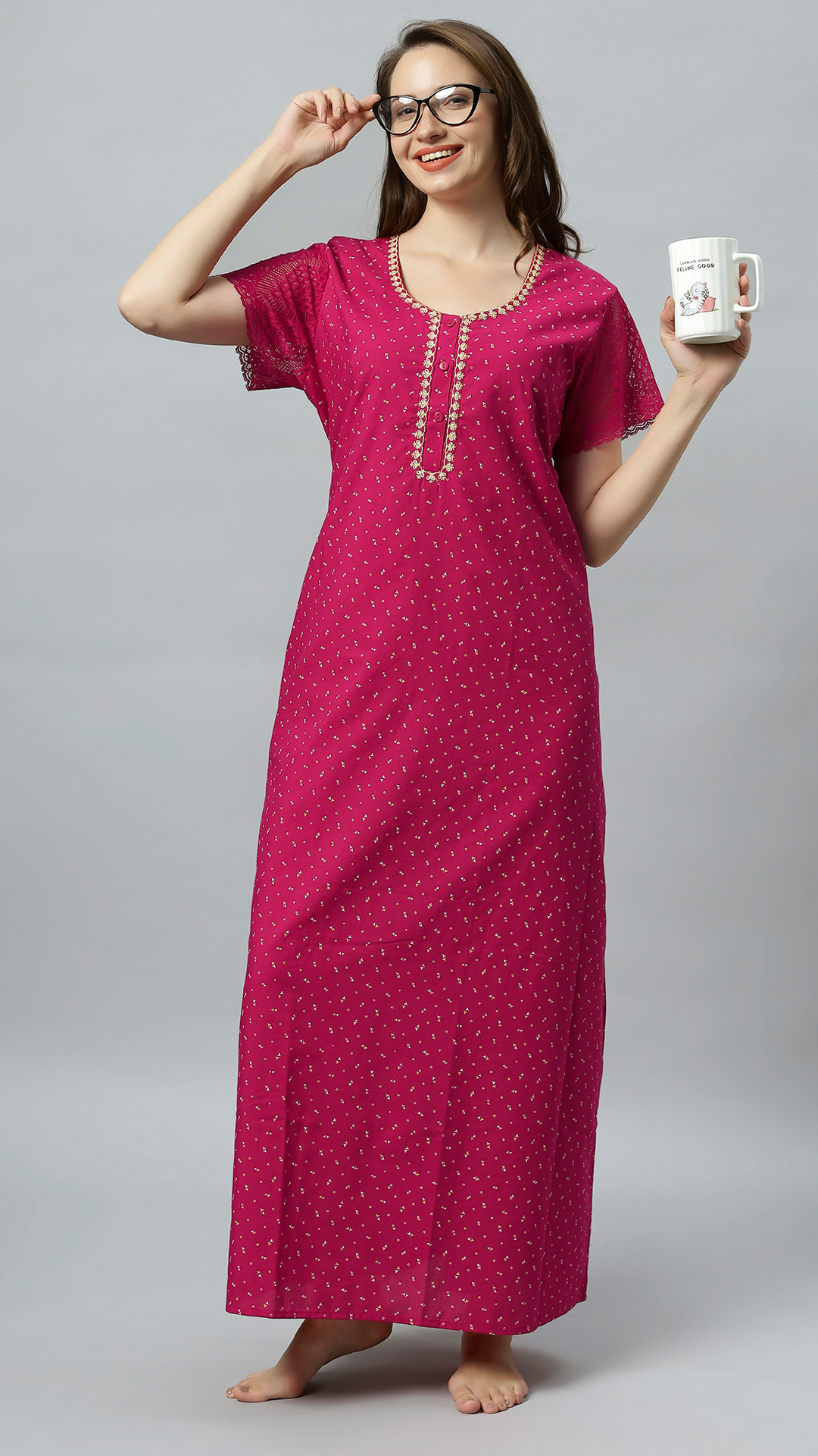 Sukanya Women's Embroidered Poly Cotton Lounge Wear Gown -  Regular Fit, Ideal For Women's, Lounge Wear, Half Sleeves, Round Neck