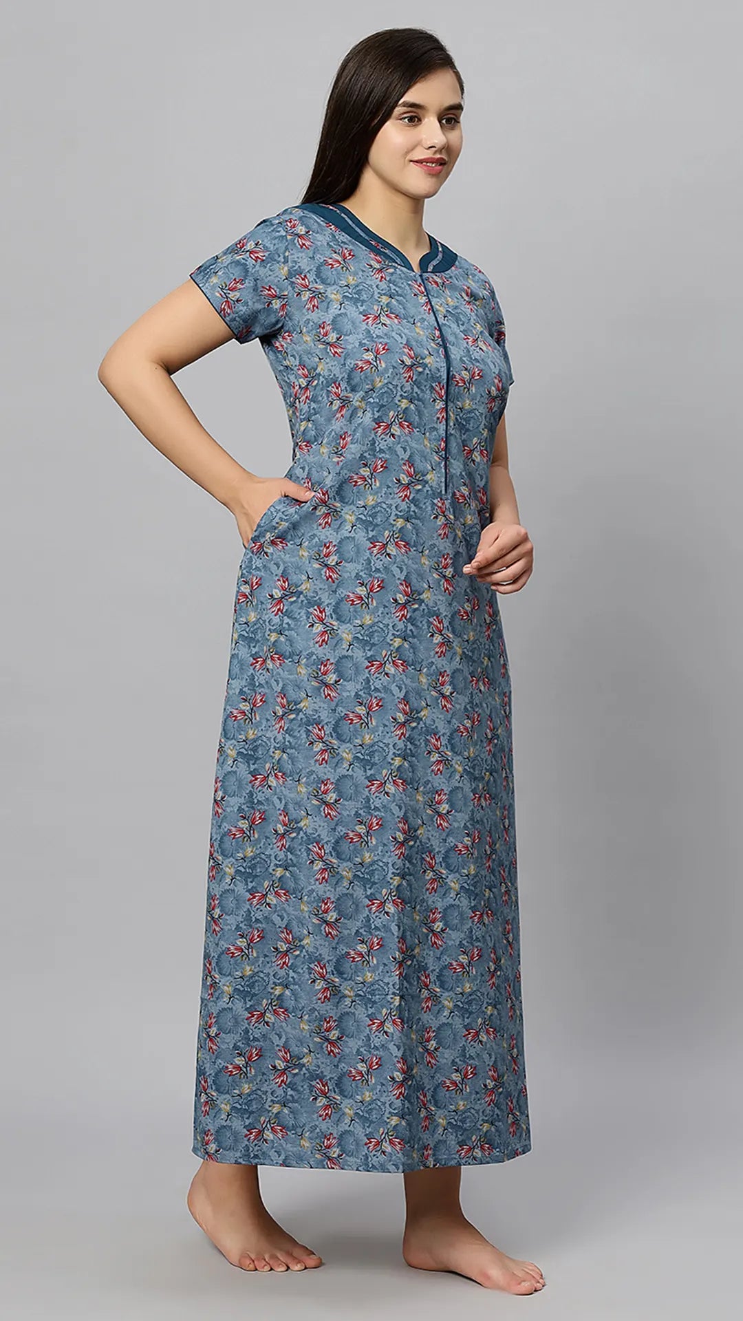 Sukanya Women's Blue Formal Lounge Wear Dress - Poly Cotton, Long, Half Sleeves
