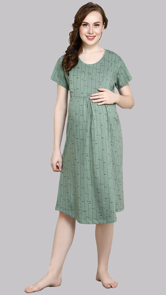 Sukanya Women's Cotton  Calf Length Maternity Nighty / Green Printed Half Sleeves Round Neck