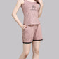 Sukanya  Women's Printed Cotton Lycra Bermuda Set | Regular Fit Loungewear | Ideal for Women | Lounge Wear Nightdress Bermuda Set Sleepwear | Mauve Printed Half Sleeves Round Neck