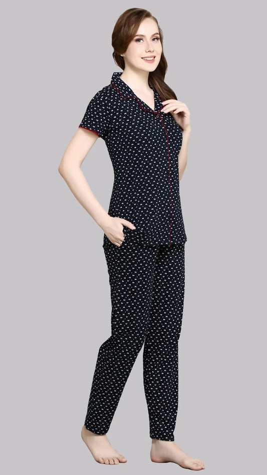 Sukanya  Women's Printed Sinker Nightsuit Set | Frount Open Lounge Wear Nightdress Pyjama Set Sleepwear | Navy  Printed Half Sleeves Round Neck